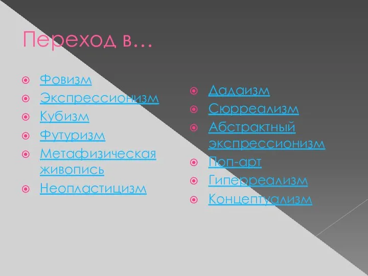 Переход в… Фовизм Экспрессионизм Кубизм Футуризм Метафизическая живопись Неопластицизм Дадаизм Сюрреализм Абстрактный экспрессионизм Поп-арт Гиперреализм Концептуализм