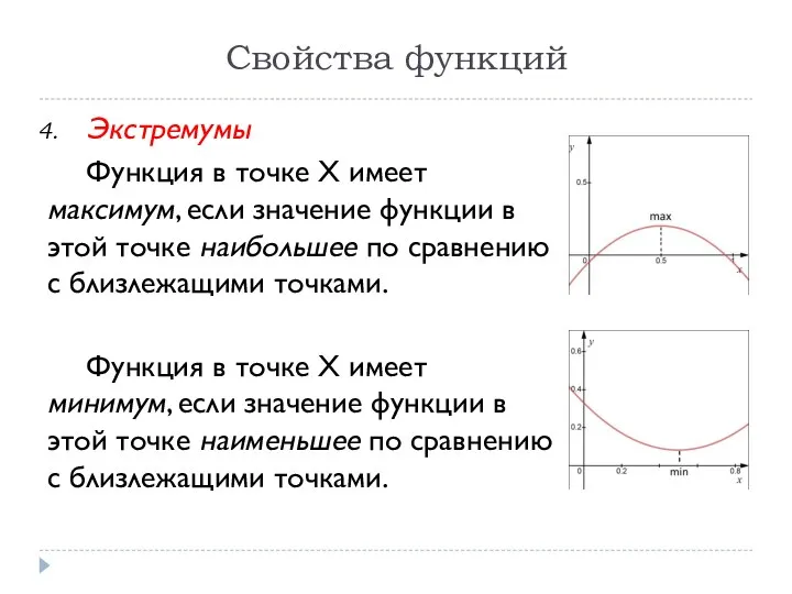 Свойства функций Экстремумы Функция в точке X имеет максимум, если значение