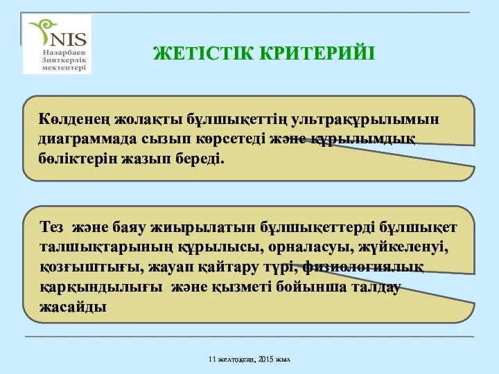 11 желтоқсан, 2015 жыл ЖЕТІСТІК КРИТЕРИЙІ Тез және баяу жиырылатын бұлшықеттерді