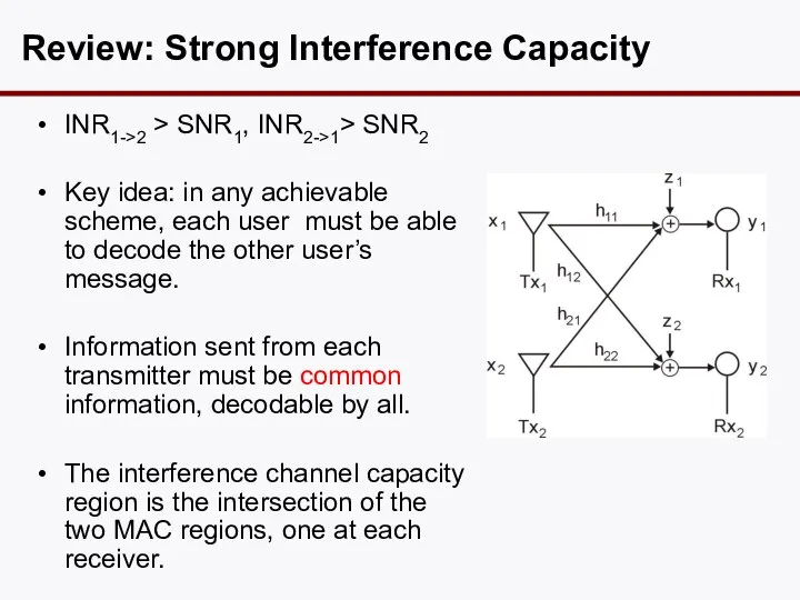 Review: Strong Interference Capacity INR1->2 > SNR1, INR2->1> SNR2 Key idea: