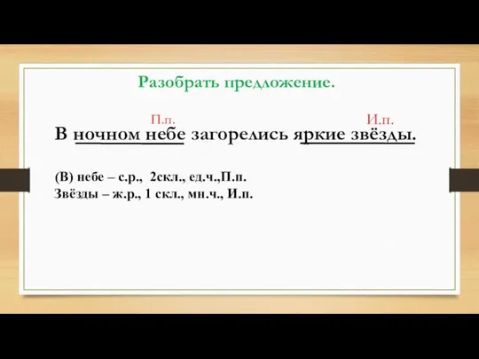 В ночном небе загорелись яркие звёзды. Разобрать предложение. П.п. И.п. (В)