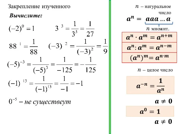 Закрепление изученного n множит. n – натуральное число n – целое число Вычислите: