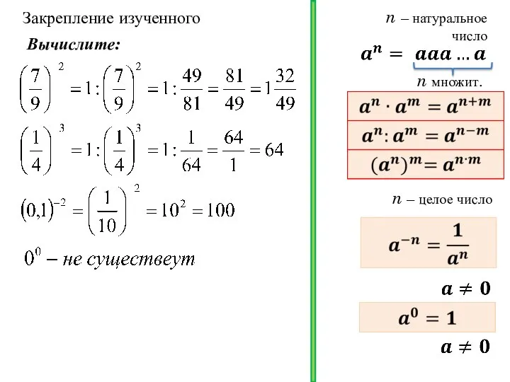 Закрепление изученного n множит. n – натуральное число n – целое число Вычислите: