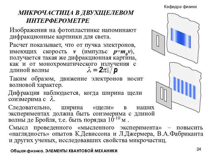 Общая физика. ЭЛЕМЕНТЫ КВАНТОВОЙ МЕХАНИКИ МИКРОЧАСТИЦА В ДВУХЩЕЛЕВОМ ИНТЕРФЕРОМЕТРЕ Изображения на