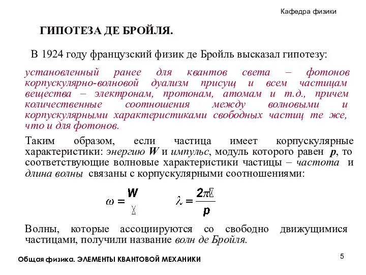 Общая физика. ЭЛЕМЕНТЫ КВАНТОВОЙ МЕХАНИКИ ГИПОТЕЗА ДЕ БРОЙЛЯ. В 1924 году