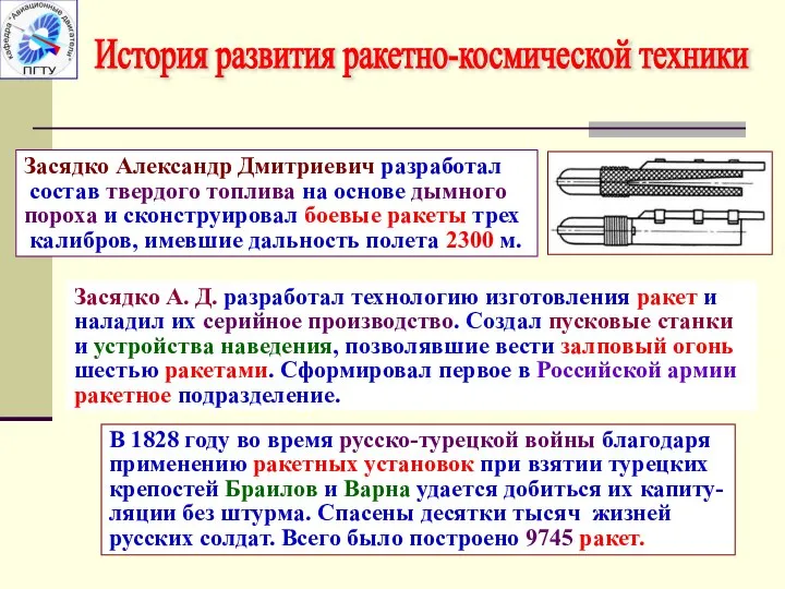 История развития ракетно-космической техники Засядко Александр Дмитриевич разработал состав твердого топлива