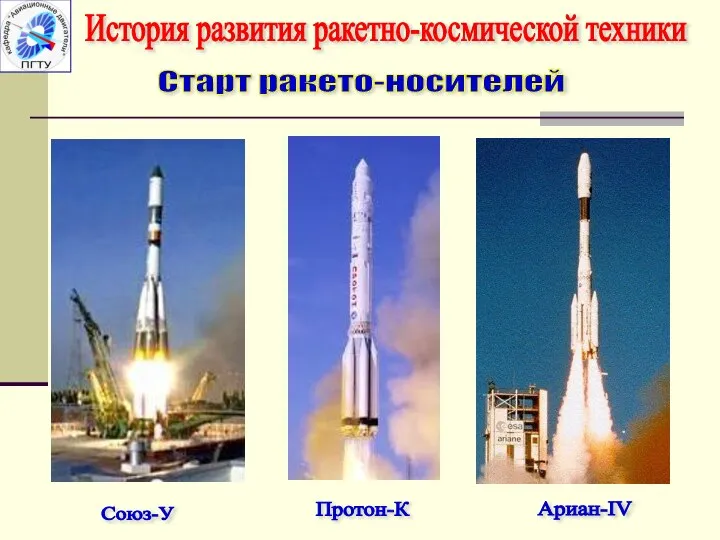 История развития ракетно-космической техники Старт ракето-носителей Союз-У Протон-К Ариан-IV