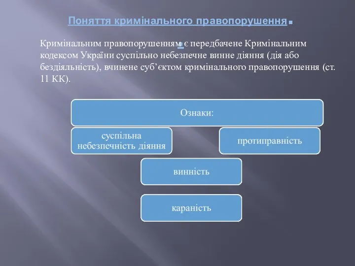 Поняття кримінального правопорушення. . Кримінальним правопорушенням є передбачене Кримінальним кодексом України