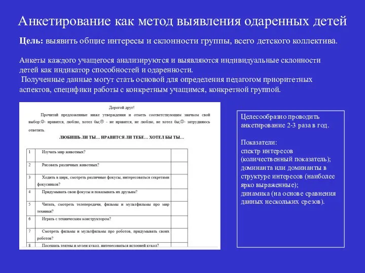 Анкетирование как метод выявления одаренных детей Целесообразно проводить анкетирование 2-3 раза