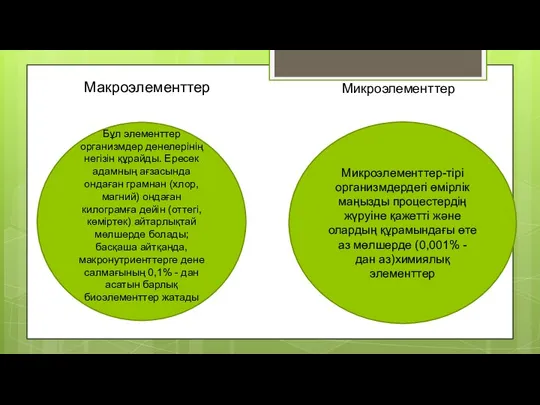 Бұл элементтер организмдер денелерінің негізін құрайды. Ересек адамның ағзасында ондаған грамнан