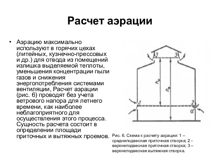 Расчет аэрации Аэрацию максимально используют в горячих цехах (литейных, кузнечно-прессовых и