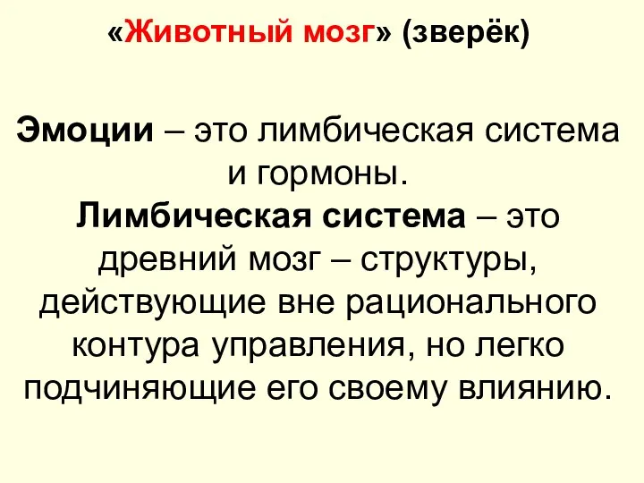 «Животный мозг» (зверёк) Эмоции – это лимбическая система и гормоны. Лимбическая