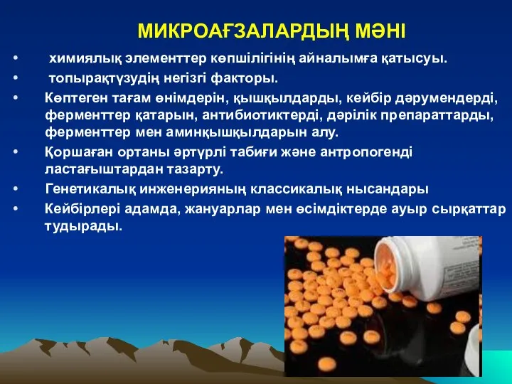 МИКРОАҒЗАЛАРДЫҢ МӘНІ химиялық элементтер көпшілігінің айналымға қатысуы. топырақтүзудің негізгі факторы. Көптеген