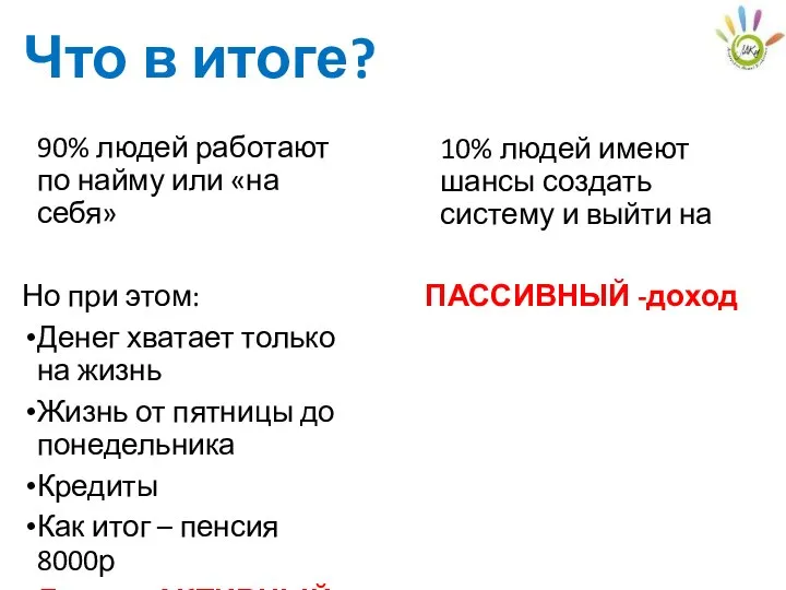 Что в итоге? 90% людей работают по найму или «на себя»