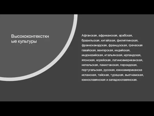 Высококонтексткные культуры Афганская, африканская, арабская, бразильская, китайская, филиппинская, франкоканадская, французская, греческая