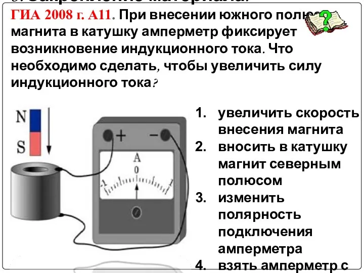 3. Закрепление материала: ГИА 2008 г. А11. При внесении южного полюса