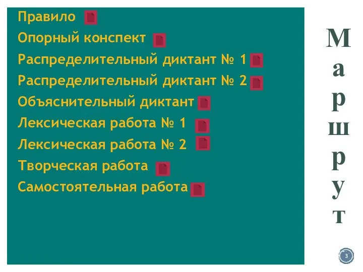 Ма ршр у т Правило Опорный конспект Распределительный диктант № 1