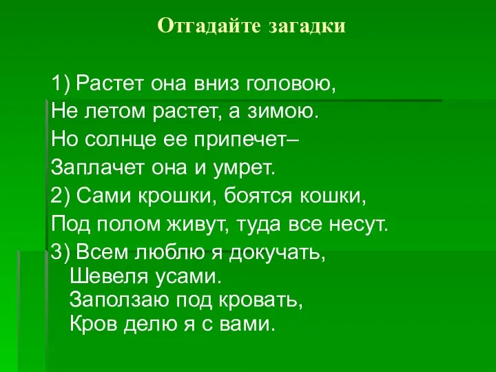 Отгадайте загадки 1) Растет она вниз головою, Не летом растет, а