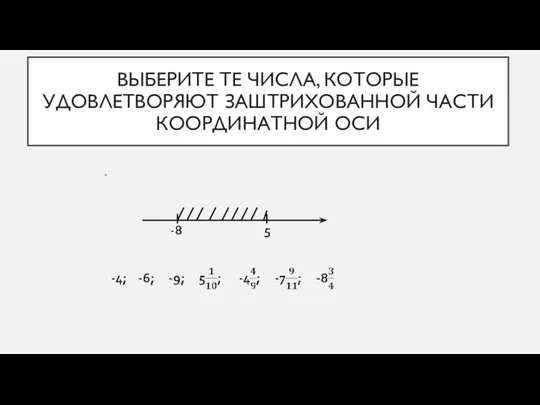 ВЫБЕРИТЕ ТЕ ЧИСЛА, КОТОРЫЕ УДОВЛЕТВОРЯЮТ ЗАШТРИХОВАННОЙ ЧАСТИ КООРДИНАТНОЙ ОСИ