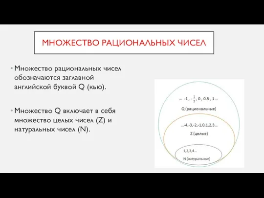 МНОЖЕСТВО РАЦИОНАЛЬНЫХ ЧИСЕЛ Множество рациональных чисел обозначаются заглавной английской буквой Q