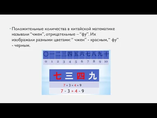 Положительные количества в китайской математике называли “чжен”, отрицательные – “фу”. Их