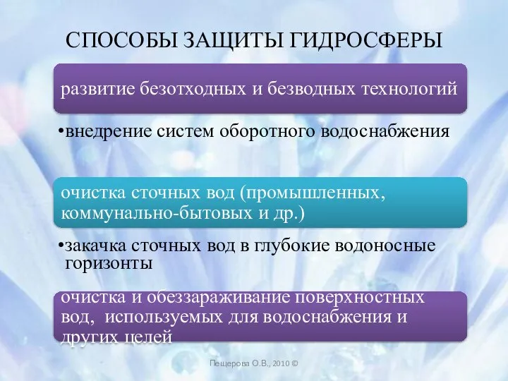 СПОСОБЫ ЗАЩИТЫ ГИДРОСФЕРЫ развитие безотходных и безводных технологий внедрение систем оборотного