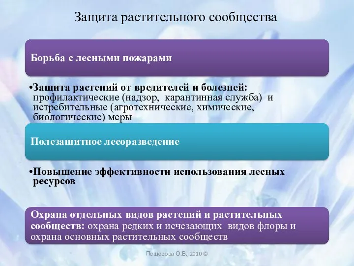 Защита растительного сообщества Борьба с лесными пожарами Защита растений от вредителей