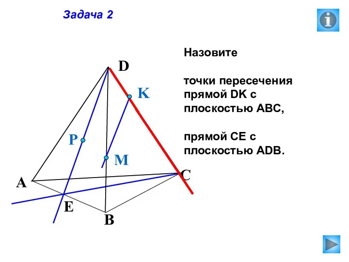 Задача 2 Назовите точки пересечения прямой DK с плоскостью АВС, прямой