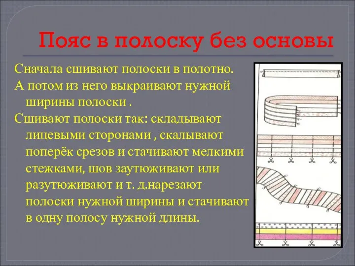 Пояс в полоску без основы Сначала сшивают полоски в полотно. А