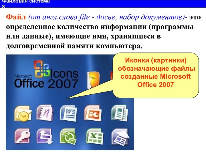 Файловая система 8 Файл (от англ.слова file - досье, набор документов)-