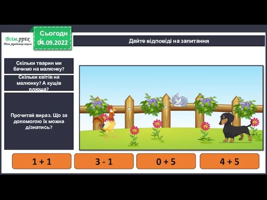 04.09.2022 Сьогодні Дайте відповіді на запитання Скільки тварин ми бачимо на