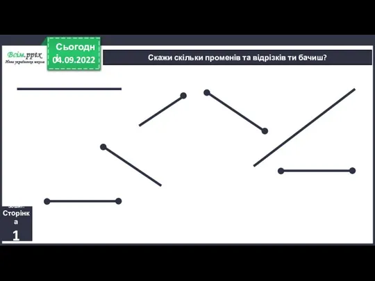 04.09.2022 Сьогодні Скажи скільки променів та відрізків ти бачиш? Зошит. Сторінка 1