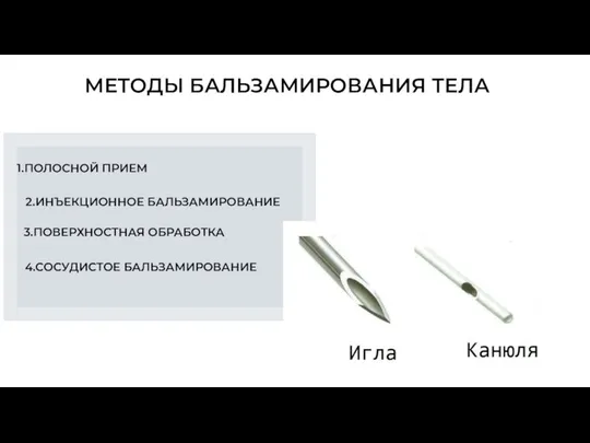 МЕТОДЫ БАЛЬЗАМИРОВАНИЯ ТЕЛА 4.СОСУДИСТОЕ БАЛЬЗАМИРОВАНИЕ 2.ИНЪЕКЦИОННОЕ БАЛЬЗАМИРОВАНИЕ 3.ПОВЕРХНОСТНАЯ ОБРАБОТКА 1.ПОЛОСНОЙ ПРИЕМ