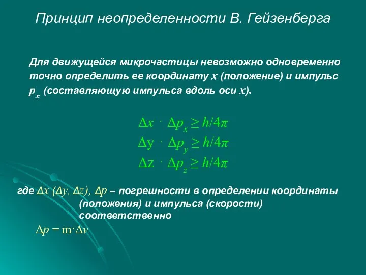 Принцип неопределенности В. Гейзенберга Для движущейся микрочастицы невозможно одновременно точно определить