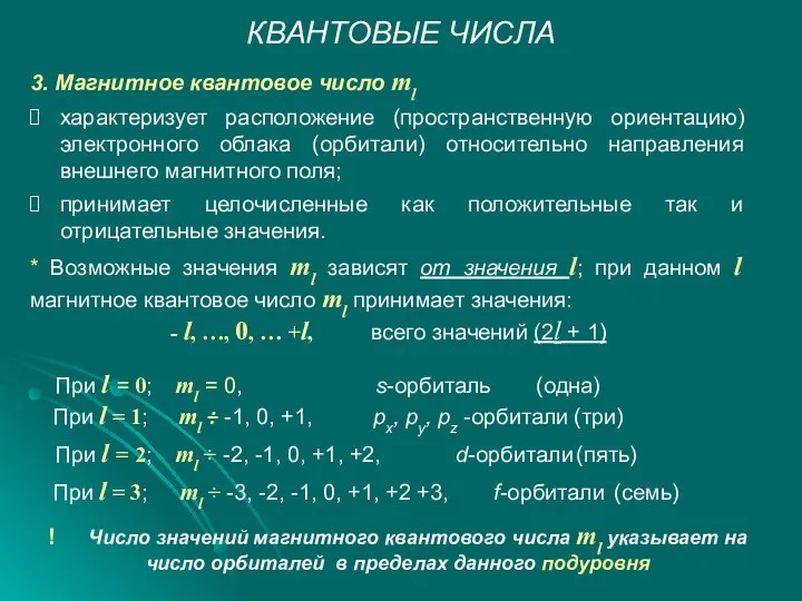 КВАНТОВЫЕ ЧИСЛА 3. Магнитное квантовое число ml характеризует расположение (пространственную ориентацию)