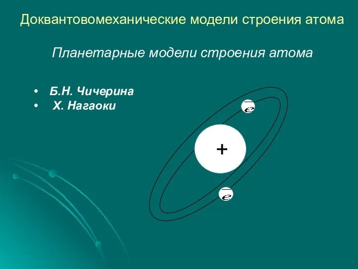 Доквантовомеханические модели строения атома Планетарные модели строения атома Б.Н. Чичерина Х. Нагаоки