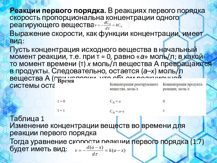 Реакции первого порядка. В реакциях первого порядка скорость пропорциональна концентрации одного