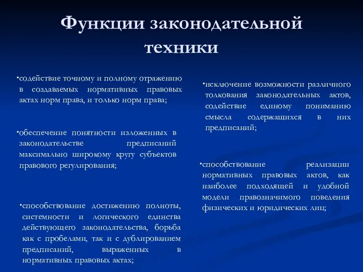 Функции законодательной техники исключение возможности различного толкования законодательных актов, содействие единому