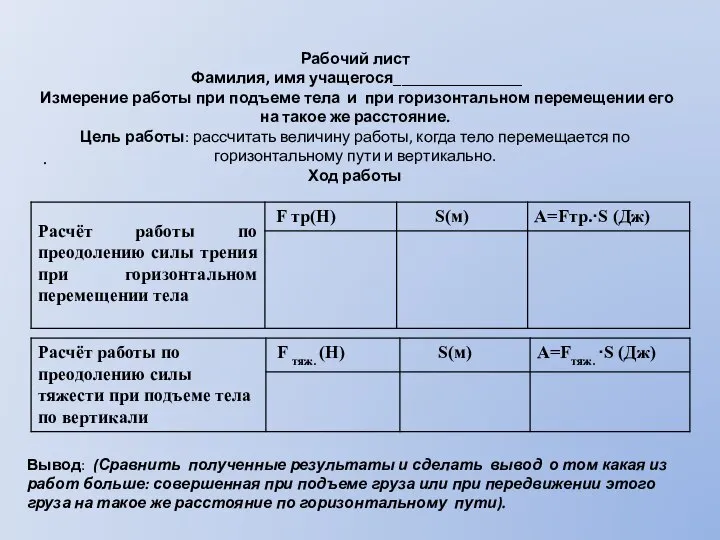 Рабочий лист Фамилия, имя учащегося________________ Измерение работы при подъеме тела и