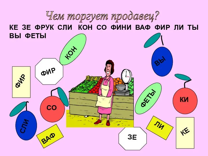 Чем торгует продавец? КЕ ЗЕ ФРУК СЛИ КОН СО ФИНИ ВАФ