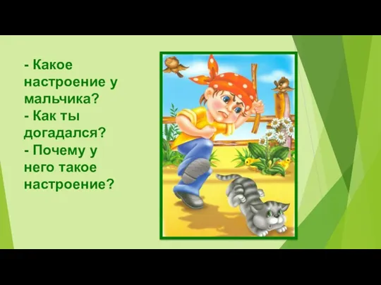 - Какое настроение у мальчика? - Как ты догадался? - Почему у него такое настроение?