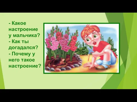 - Какое настроение у мальчика? - Как ты догадался? - Почему у него такое настроение?