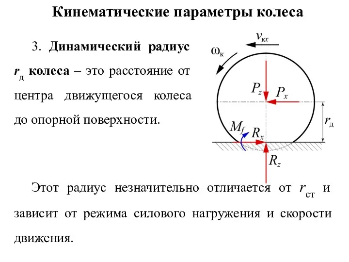 Кинематические параметры колеса 3. Динамический радиус rд колеса – это расстояние