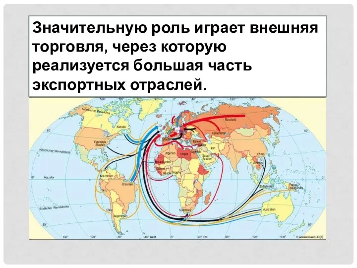 Значительную роль играет внешняя торговля, через которую реализуется большая часть экспортных отраслей.