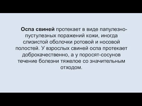 Оспа свиней протекает в виде папулезно-пустулезных поражений кожи, иногда слизистой оболочки