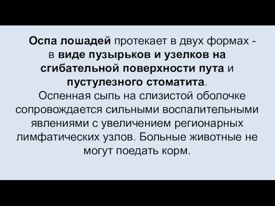 Оспа лошадей протекает в двух формах - в виде пузырьков и