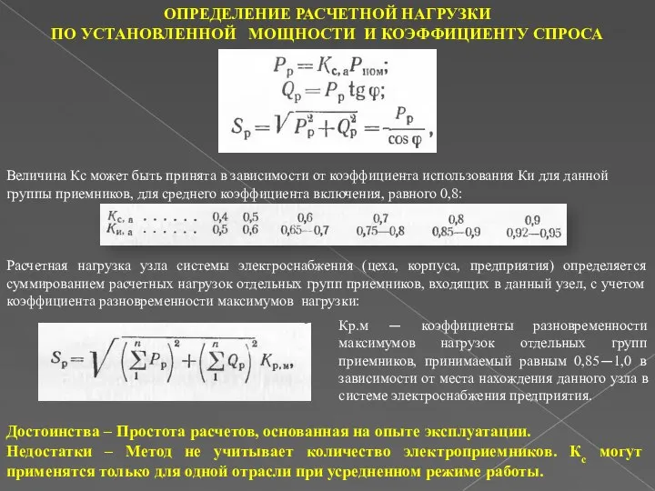 ОПРЕДЕЛЕНИЕ РАСЧЕТНОЙ НАГРУЗКИ ПО УСТАНОВЛЕННОЙ МОЩНОСТИ И КОЭФФИЦИЕНТУ СПРОСА Величина Кс