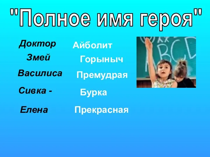 Доктор Айболит Змей Горыныч Василиса Премудрая Сивка - Бурка Елена Прекрасная "Полное имя героя"