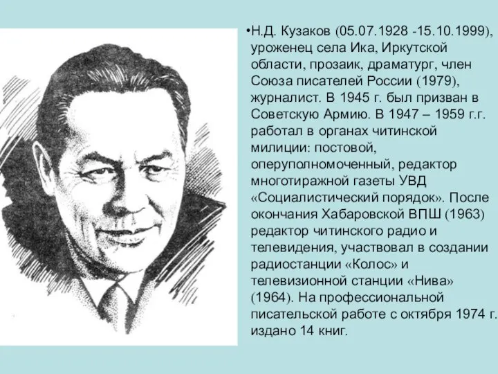 Н.Д. Кузаков (05.07.1928 -15.10.1999), уроженец села Ика, Иркутской области, прозаик, драматург,