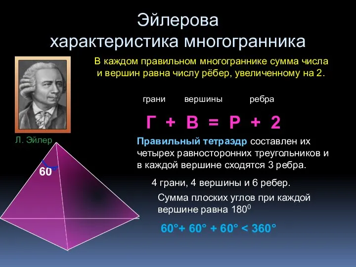 Эйлерова характеристика многогранника В каждом правильном многограннике сумма числа и вершин